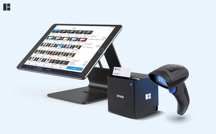 Schwarzes Tillhub Kassensystem als iPad mit Bondrucker und Scanner 